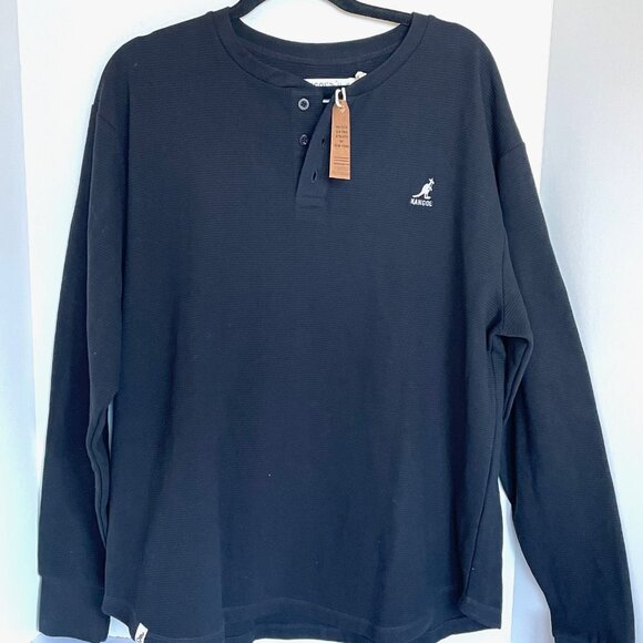 Kangol Henley Waffle Knit Shirt Mens XL Black Cotton Thermal Long Sleeve - Picture 2 of 6